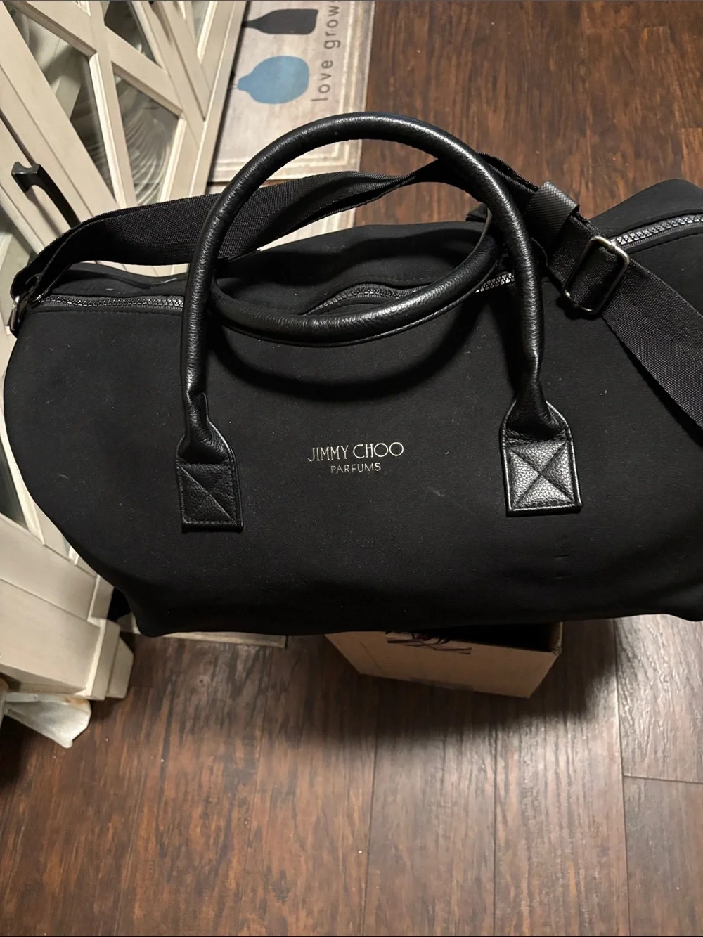 Jimmy Choo Black Canvas Duffel Bag with Leather Handles- pre loved- check co